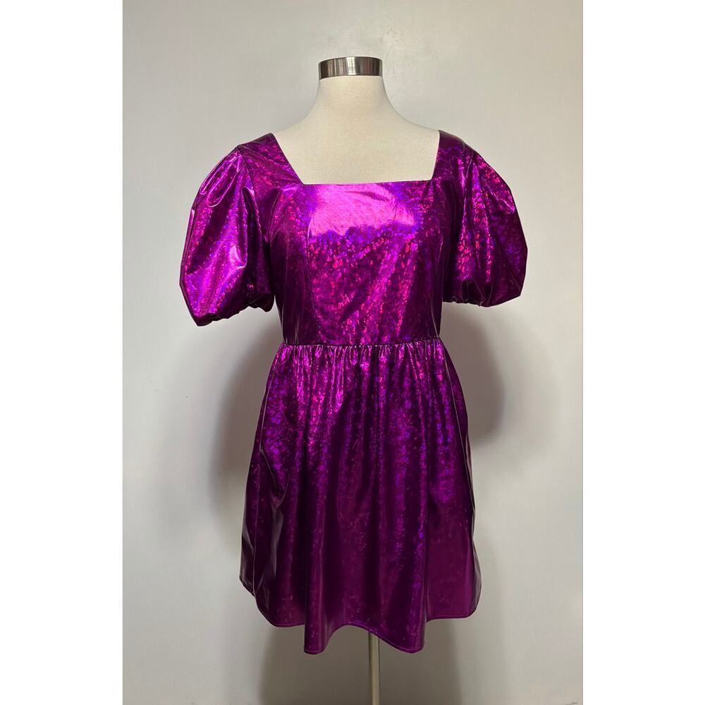 Queen Of Sparkles Square Neck Puff Sleeve Holographic Mini Dress Size Small